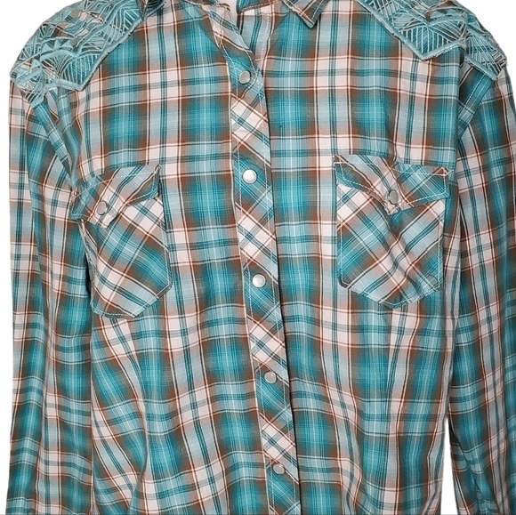 Panhandle Rough Stock Women's Turquoise Western Shirt, Snap Plaid Shirt Sz XL - Picture 5 of 14